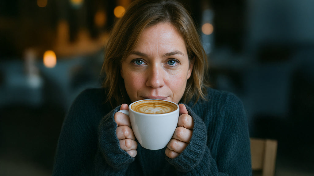 Eine Frau mit kurzen, braunen Haaren und blauen Augen hält eine weiße Kaffeetasse mit beiden Händen vor sich und blickt direkt in die Kamera. Auf dem Milchschaum der Tasse ist ein Latte Art Herz zu sehen.
