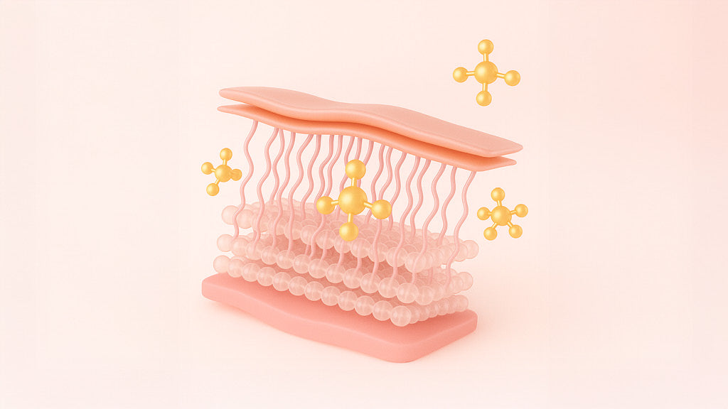 Eine 3D-Illustration, die schematisch Schichten der Haut darstellt. Zwischen und um rosa, wellenförmige Hautschichten schweben mehrere gelbe, kreuzförmige Moleküle