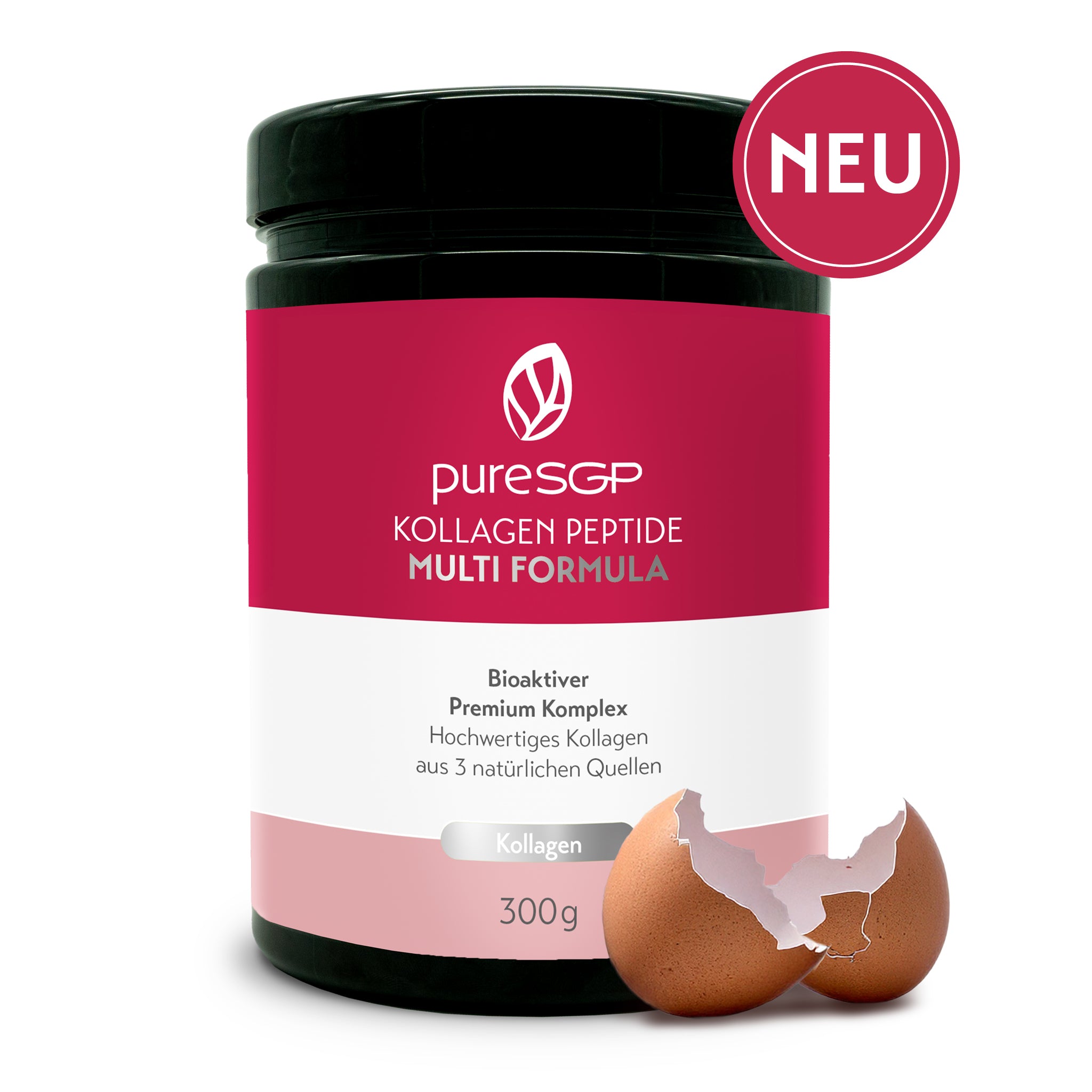 Schwarze Dose mit rotem und weißem Etikett „pureSGP Kollagen Peptide Multi Formula“. Bioaktiver Premium-Komplex aus drei natürlichen Kollagenquellen, 300 Gramm. Vor der Dose liegt eine aufgebrochene Eierschale - mit rotem NEU-Siegel.
