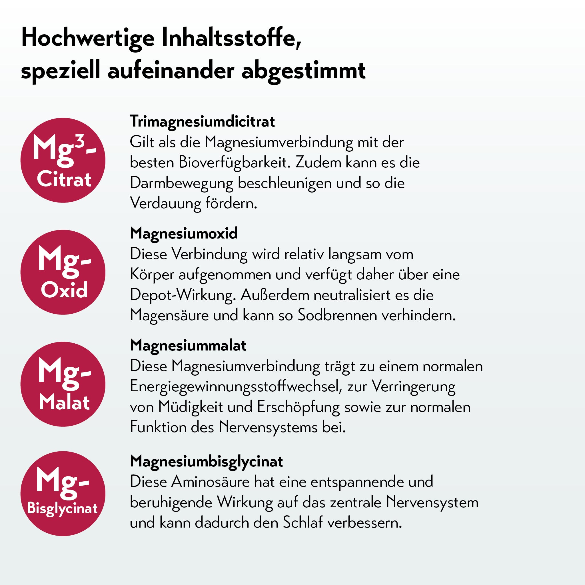 'Hochwertige Inhaltsstoffe, speziell aufeinander abgestimmt'. Es werden 4 Magnesiumformen aaufgelistet und erklärt: Trimagnesiumdicitrat (beste Bioverfügbarkeit), Magnesiumoxid (Depot-Wirkung, gegen Sodbrennen), Magnesiummalat (Energie, weniger Müdigkeit) und Magnesiumbisglycinat (entspannende Wirkung, Schlafverbesserung)