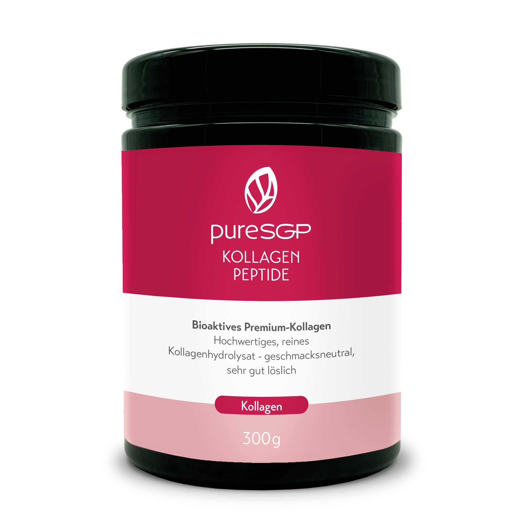 Schwarze Dose mit pinkem Etikett der Marke pureSGP, Produktname: Kollagen Peptide, 300 g – neutrales, gut lösliches Kollagenpulver