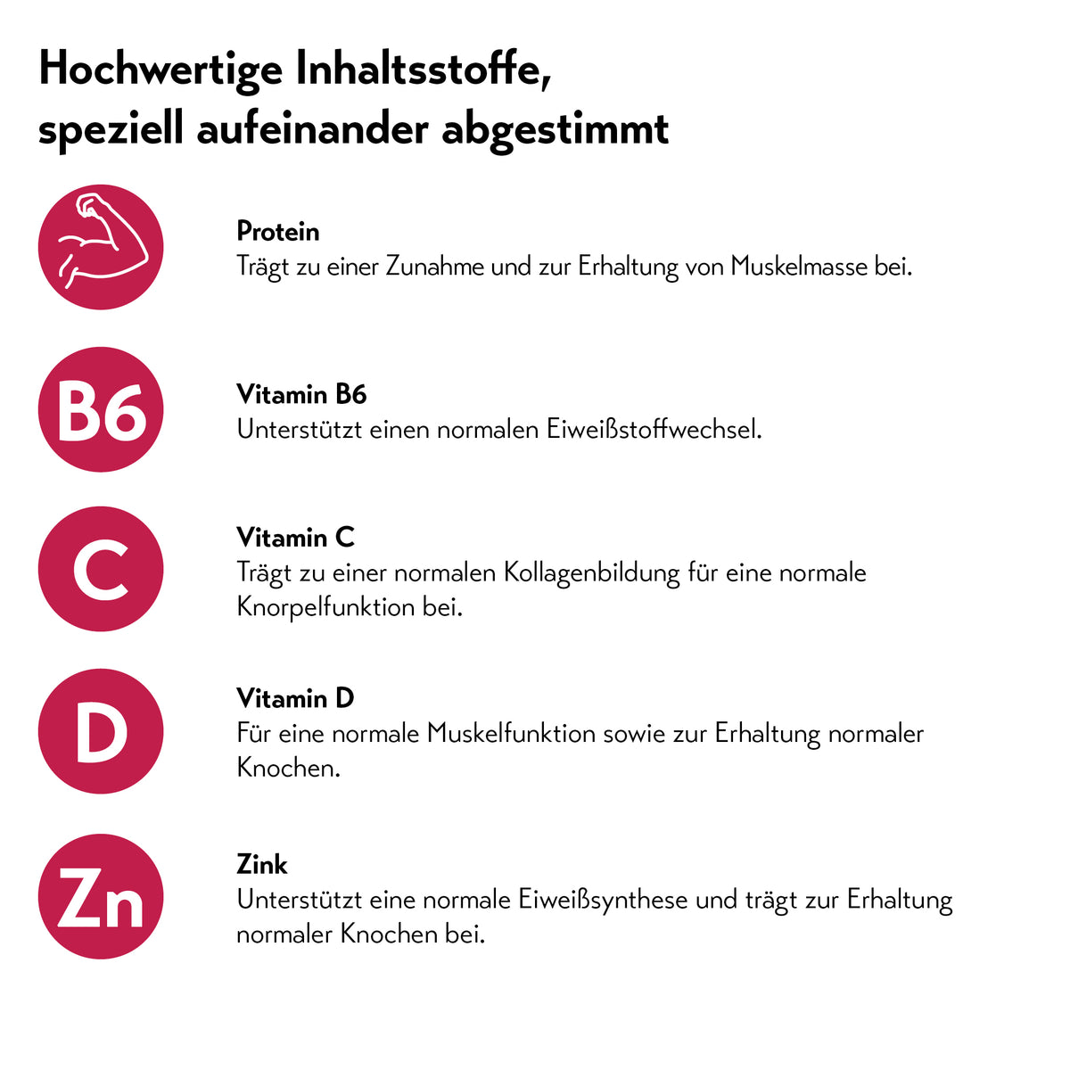 Infografik zu Inhaltsstoffen von pureSGP Protein mit Vitamin B6, C, D und Zink.