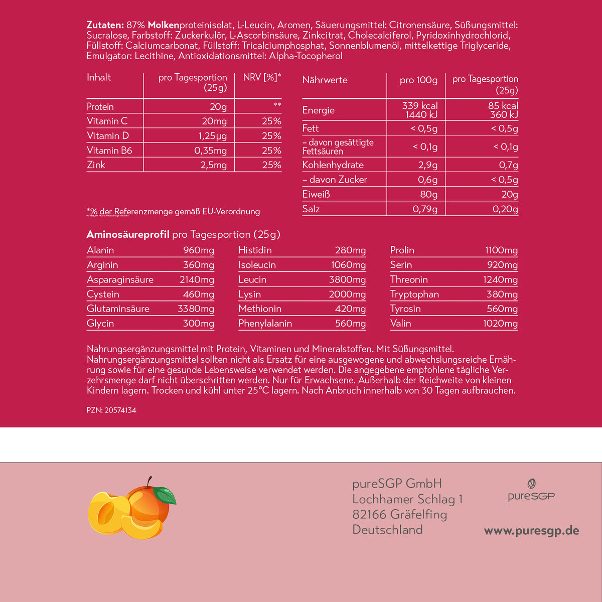 Rückseite einer pureSGP-Verpackung mit Zutaten, Nährwerten und Aminosäureprofil; unten links ist eine Pfirsich als Hinweis auf die Geschmacksrichtung abgebildet.