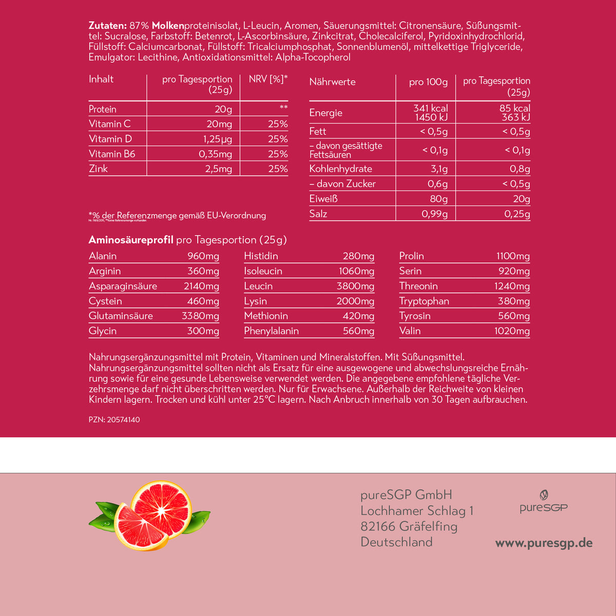 Rückseite einer pureSGP-Verpackung mit Zutaten, Nährwerten und Aminosäureprofil; unten links ist eine Grapefruit als Hinweis auf die Geschmacksrichtung abgebildet.