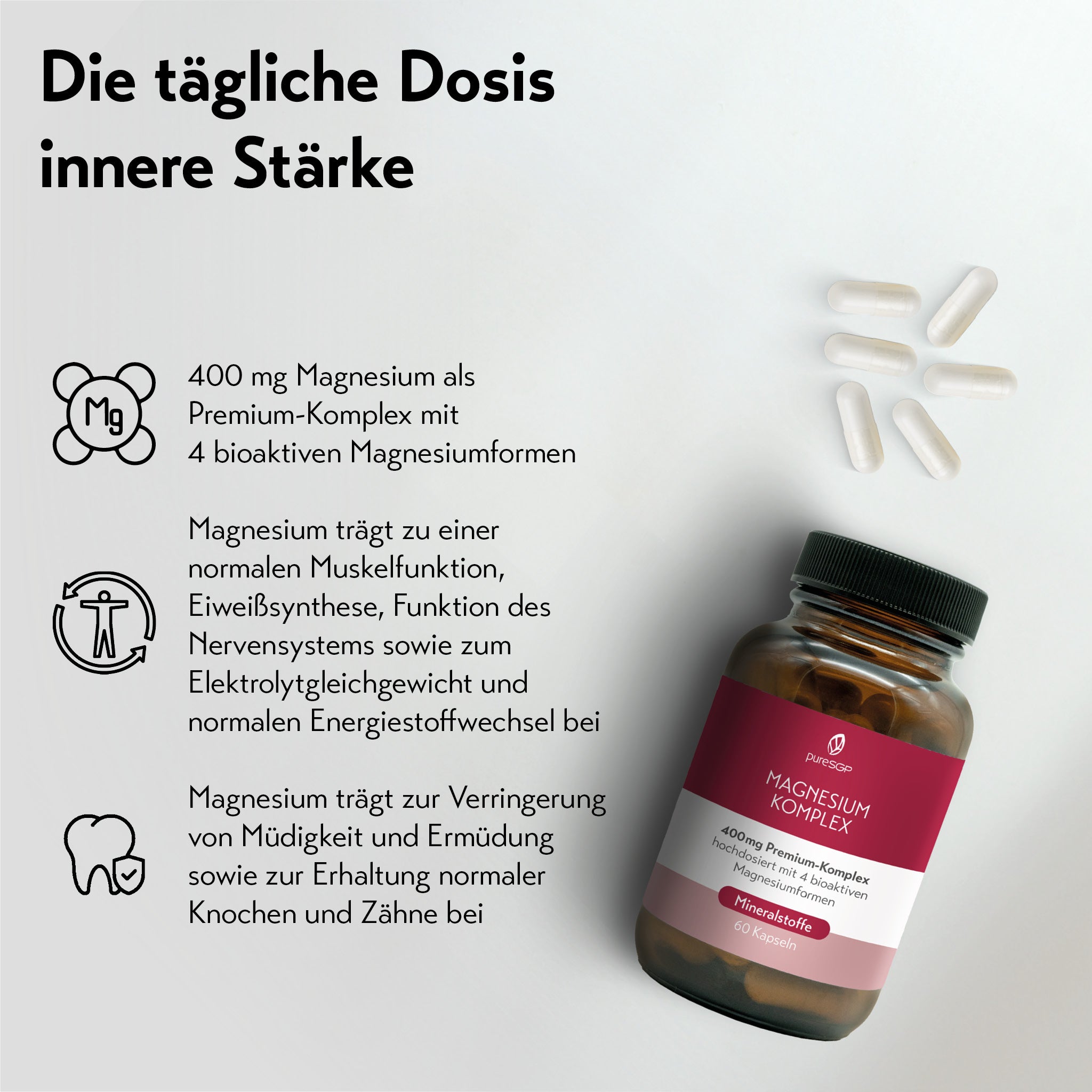 400 mg Magnesium als Premium-Komplex mit 4 bioaktiven Formen, Unterstützung von Muskelfunktion, Nervensystem, Energiestoffwechsel und Verringerung von Müdigkeit. Die Verpackung des Magnesium Komplexes 60 Kapseln in Lila weiß ist abgebildet.