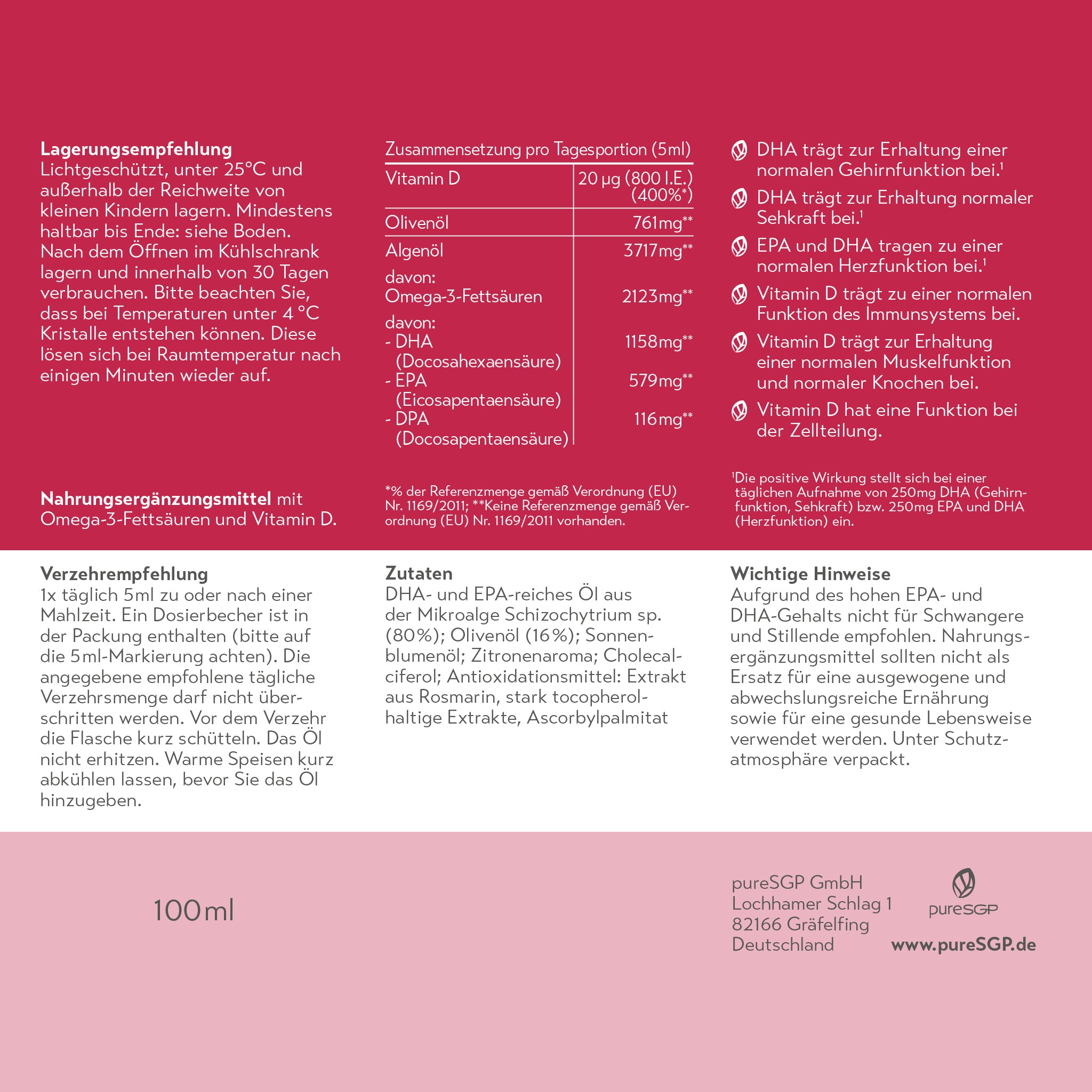 Produktetikett-Rückseite von puresGP Omega-3 Öl mit detaillierten Angaben zu Lagerung, Zusammensetzung, Verzehrempfehlung, Zutaten und wichtigen Hinweisen. Enthalten sind Omega-3-Fettsäuren aus Algenöl, Olivenöl, Sonnenblumenöl, Zitronenaroma, Vitamin D und Antioxidationsmittel. Hinweise zur Einnahme: 1x täglich 5 ml, Dosierbecher beiliegend. Warnhinweise für Schwangere und Stillende sowie allgemeine Verzehrhinweise.
