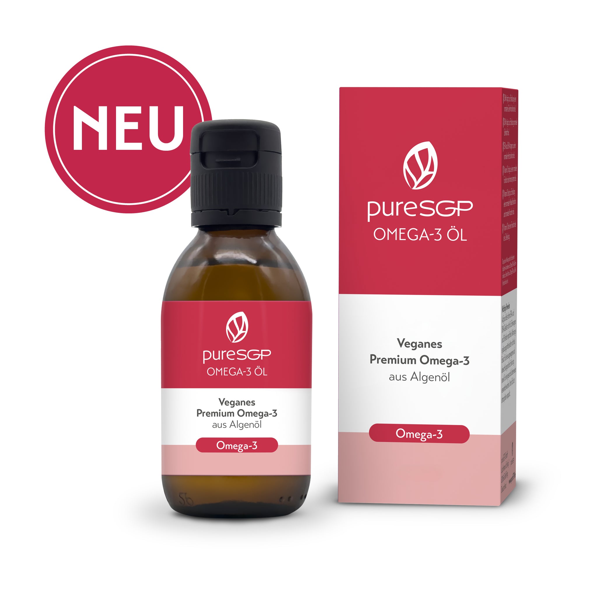 Flasche und Verpackung von puresGP Omega-3 Öl – veganes Premium Omega-3 aus Algenöl, mit rotem NEU-Siegel.