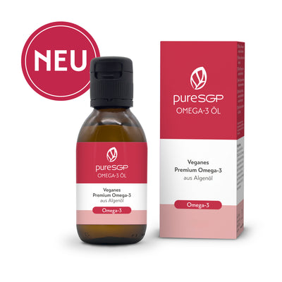 Flasche und Verpackung von puresGP Omega-3 Öl – veganes Premium Omega-3 aus Algenöl, mit rotem NEU-Siegel.