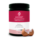 Schwarze Dose mit rotem und weißem Etikett „pureSGP Kollagen Peptide Multi Formula“. Bioaktiver Premium-Komplex aus drei natürlichen Kollagenquellen, 300 Gramm. Vor der Dose liegt eine aufgebrochene Eierschale.