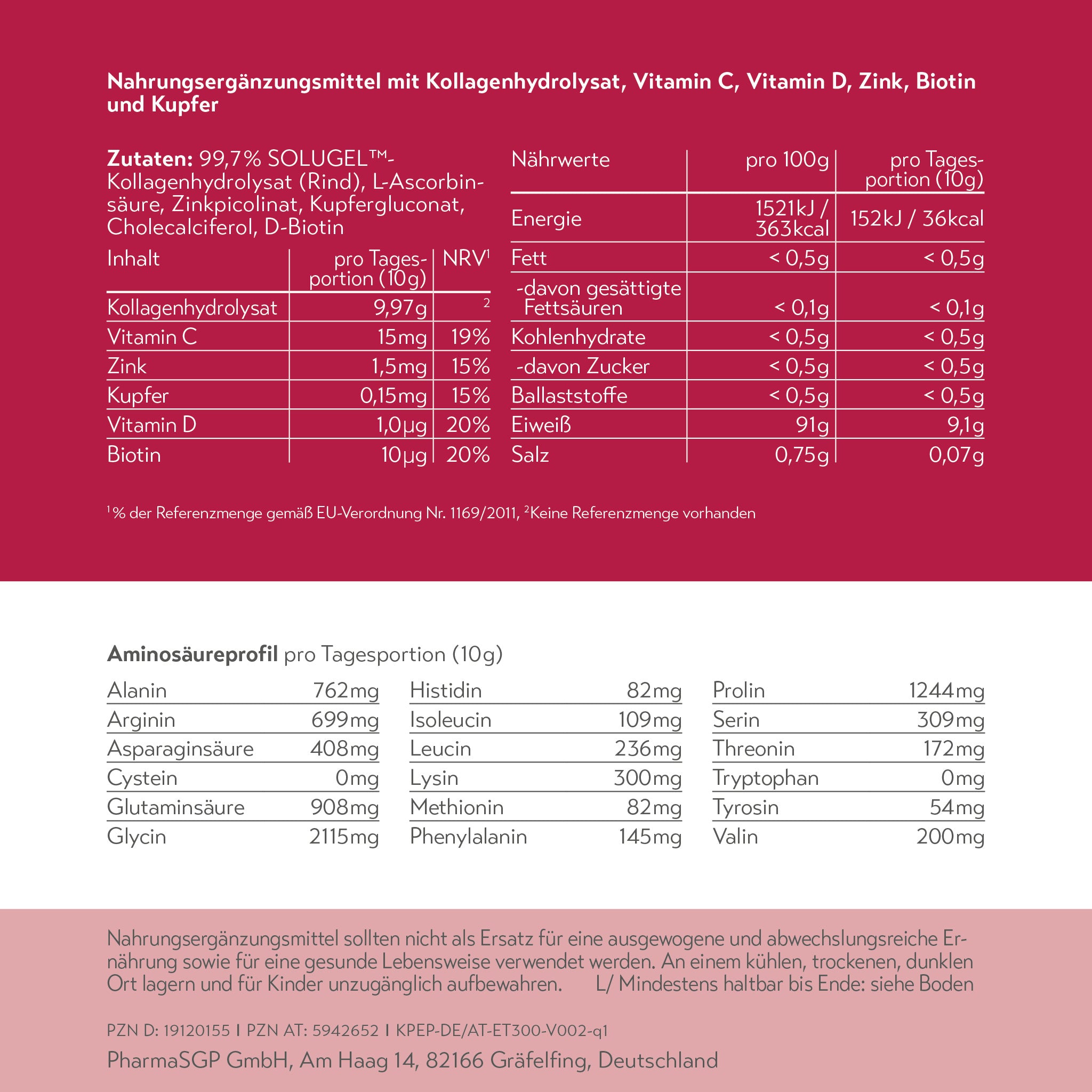 Nährwerttabelle und Zutatenliste für Kollagenpulver mit Vitaminen und Mineralstoffen. Angaben zu Inhaltsstoffen, Aminosäureprofil, Tagesdosis (10 g) sowie Herstellerinformation am unteren Rand.