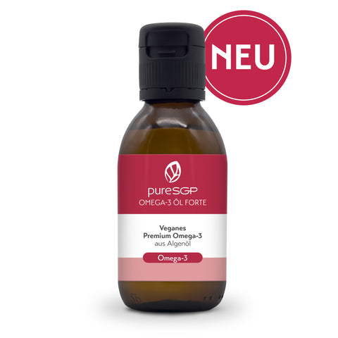 Freigestellte Produktabbildung einer braunen Flasche pureSGP Omega-3 Öl Forte mit pink-weißem Etikett. Oben rechts steht in einem pinken Kreis der Schriftzug „NEU“.