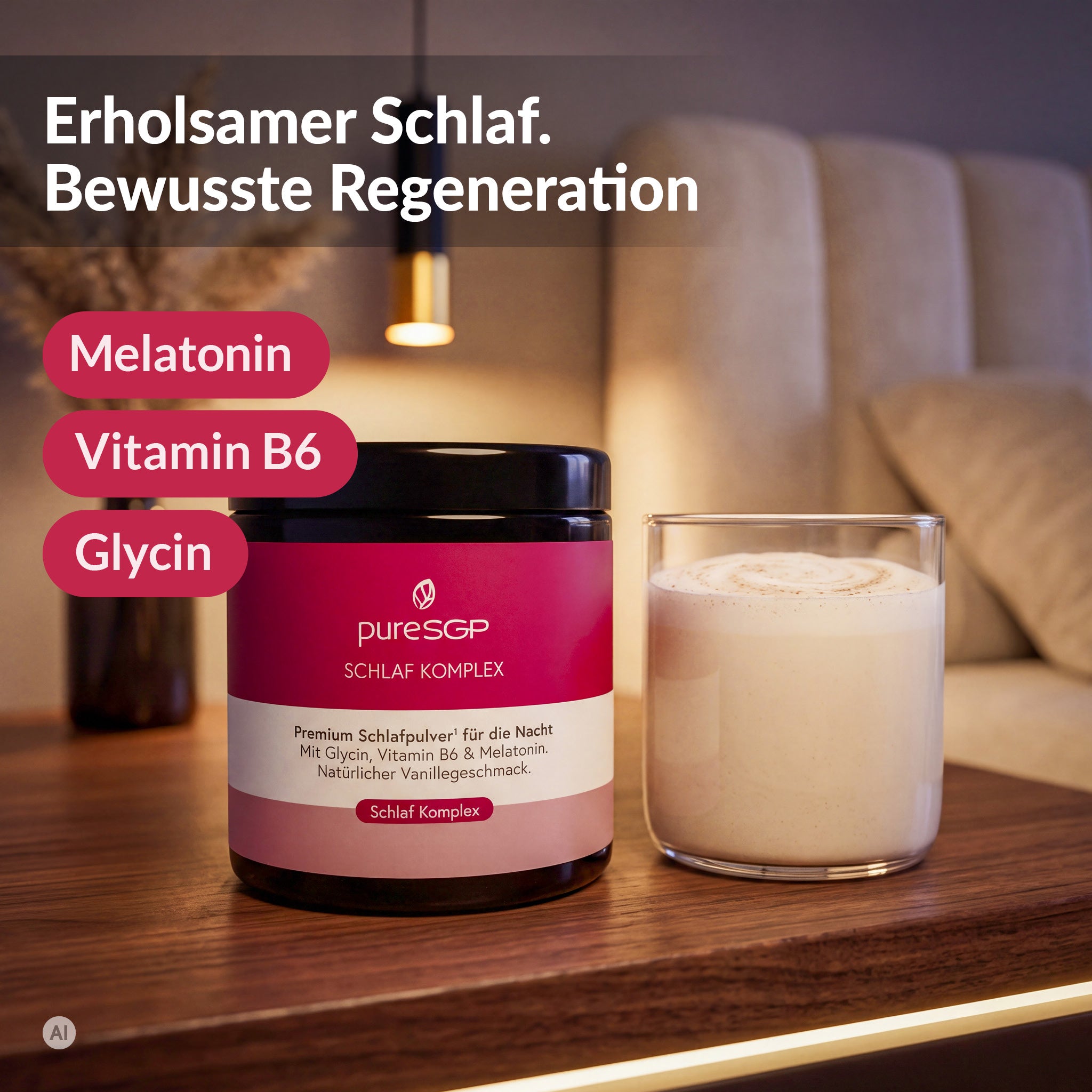 pureSGP Schlaf Komplex Schlafpulver auf Nachttisch neben cremigem Getränk im Glas, mit Hinweis auf Melatonin, Vitamin B6 und Glycin für erholsamen Schlaf und Regeneration
