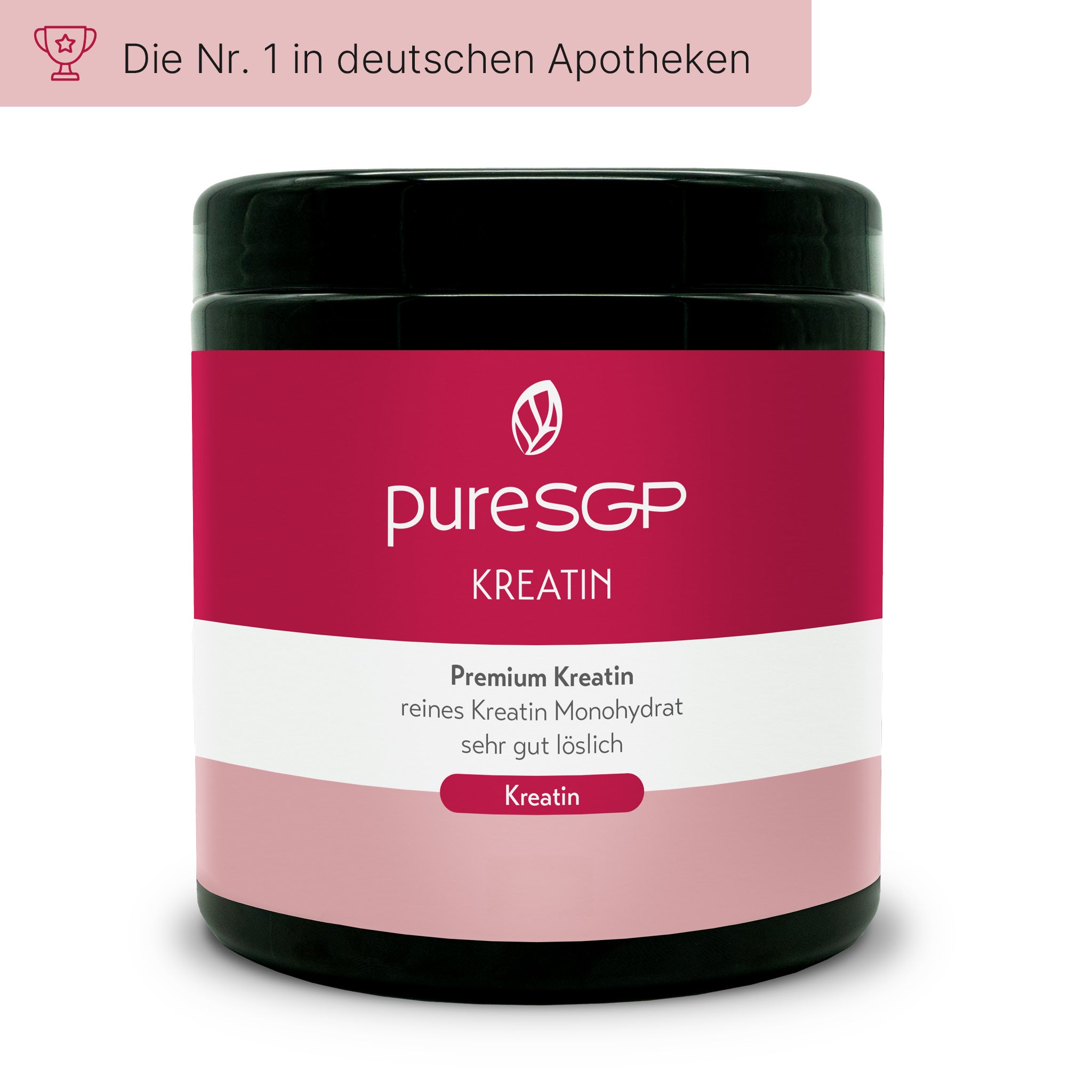 Schwarze Dose mit pink-weißem Etikett „pureSGP Kreatin“, Premium Kreatin aus reinem Kreatin Monohydrat. Sticker -"Die Nummer 1 in deutschen Apotheken"