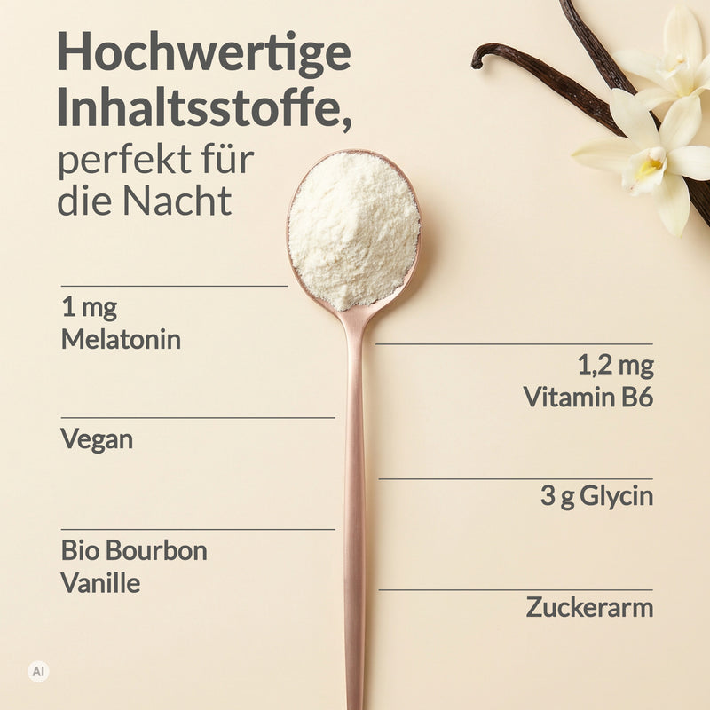 Inhaltsstoffgrafik zu pureSGP Schlaf Komplex mit 1 mg Melatonin, 1,2 mg Vitamin B6, 3 g Glycin, Bio-Bourbon-Vanille, vegan und zuckerarm, dargestellt mit Pulverlöffel und Vanilleblüten